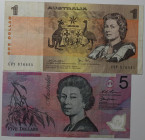 Banknoten, Australien / Australia, Lots und Sammlungen. 1 Dollar 1983, P.042d, 5 Dollars 1996, P.051a, Lot von 2 Banknoten. II