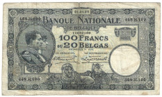 Banknoten, Belgien / Belgium. 100 Francs / 20 Belgas 1928. P.102. IV