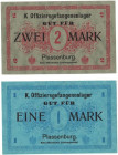 Banknoten, Deutschland / Germany. Plassenburg, K.Offiziersgefangenenlager. 1 Mark und 2 Mark ND. Lot von 2 Banknoten. I