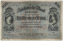 Banknoten, Deutschland / Germany. Sachsen - Dresden - Sächsische Bank. 100 Mark 1890 Länder-Banknote. SAX-6b. IV