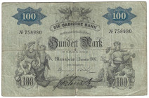 Banknoten, Deutschland / Germany. Baden. 100 Mark 1907 Geldschein. BAD-5a. IV