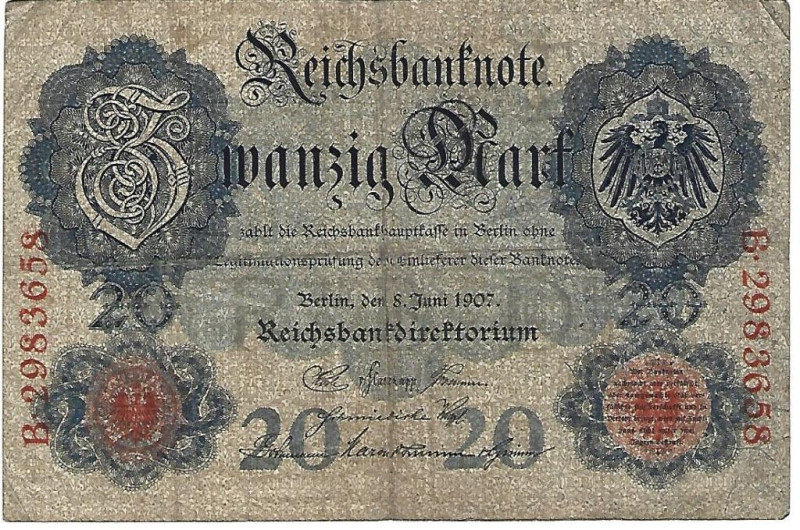 Banknoten, Deutschland / Germany. Deutsches Reich. Reichsbanknote 20 Mark 1907. ...