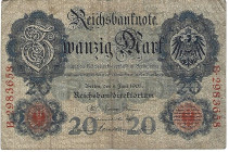 Banknoten, Deutschland / Germany. Deutsches Reich. Reichsbanknote 20 Mark 1907. Ro.28. IV