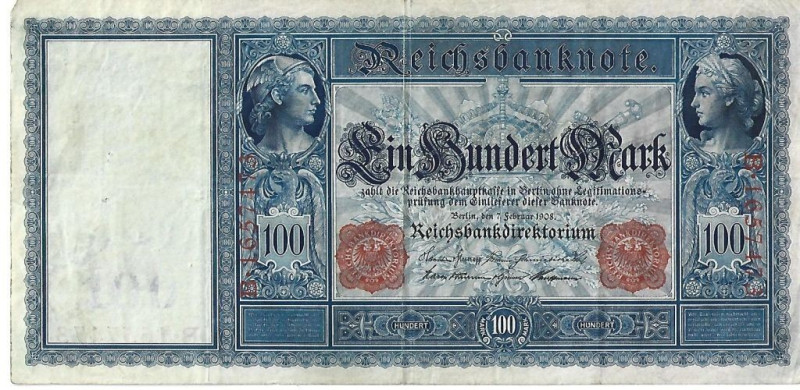 Banknoten, Deutschland / Germany. Deutsches Reich. Reichsbanknote 100 Mark 1908....