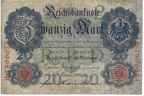Banknoten, Deutschland / Germany. Deutsches Reich. Reichsbanknote 20 Mark 1909. Ro.37. IV