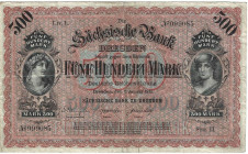 Banknoten, Deutschland / Germany. Sachsen - Dresden - Sächsische Bank. 500 Mark 1911 Länder-Banknote. SAX-9a. III