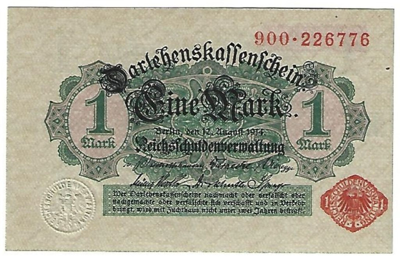 Banknoten, Deutschland / Germany. Deutsches Reich. Darlehenskassenschein 1 Mark ...