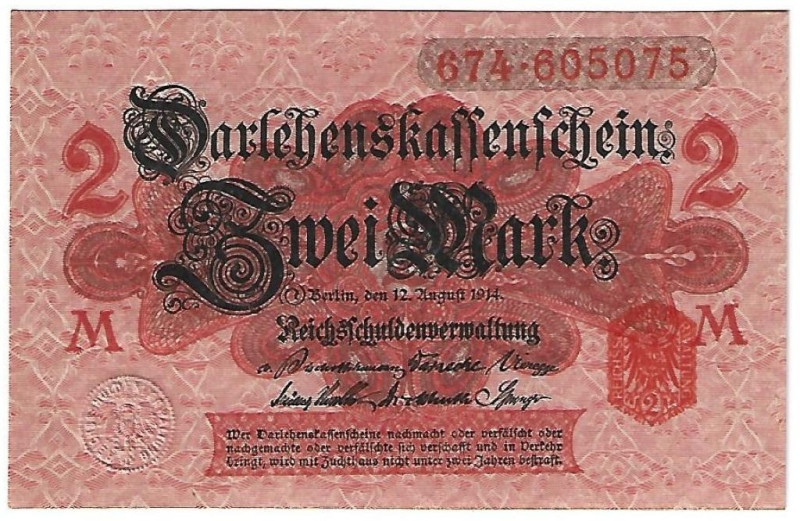 Banknoten, Deutschland / Germany. Deutsches Reich. Darlehenskassenschein 2 Mark ...