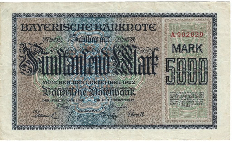 Banknoten, Deutschland / Germany. Bayern - Bayerische Notenbank. 5000 Mark 1922 ...