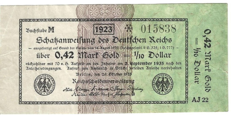 Banknoten, Deutschland / Germany. Deutsches Reich, Weimarer Republik. 0,42 Mark ...