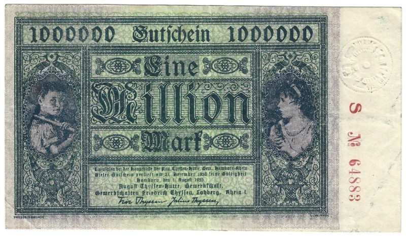 Banknoten, Deutschland / Germany. Hamborn. 1 Million Mark 1923 Gutschein August-...