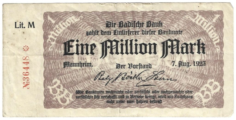 Banknoten, Deutschland / Germany. Mannheim - Badische Bank. 1 Million Mark 1923 ...