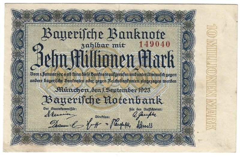 Banknoten, Deutschland / Germany. Bayern - Bayerische Notenbank. 10 Millionen Ma...