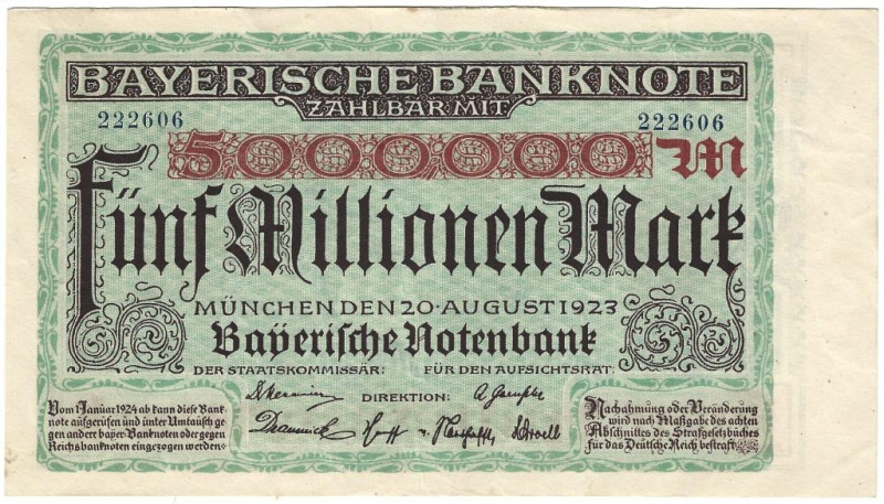 Banknoten, Deutschland / Germany. Bayern - Bayerische Notenbank. 5 Millionen Mar...