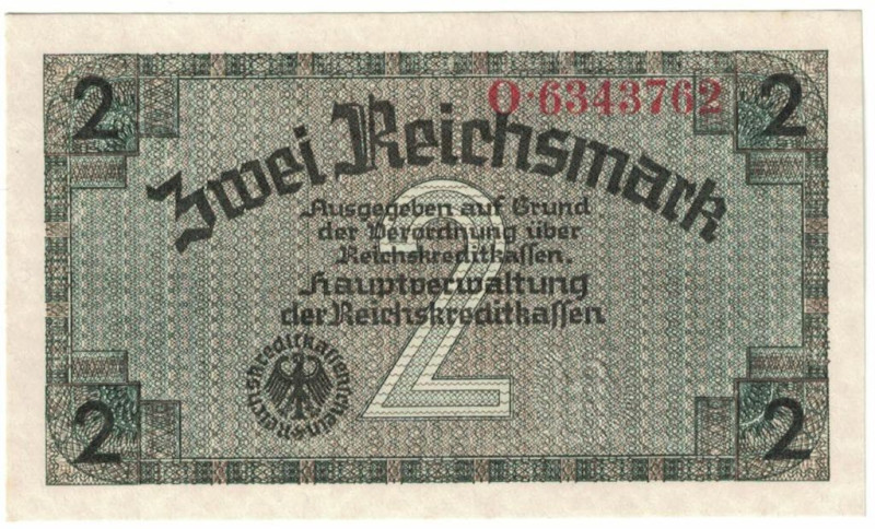 Banknoten, Deutschland / Germany. Deutsches Reich, Drittes Reich. 2 Reichsmark 1...