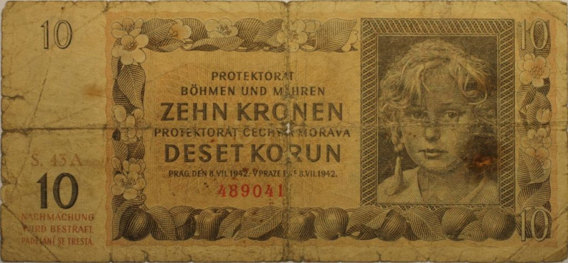 Banknoten, Deutschland / Germany. Protektorat Böhmen und Mähren.10 Kronen 1942. ...