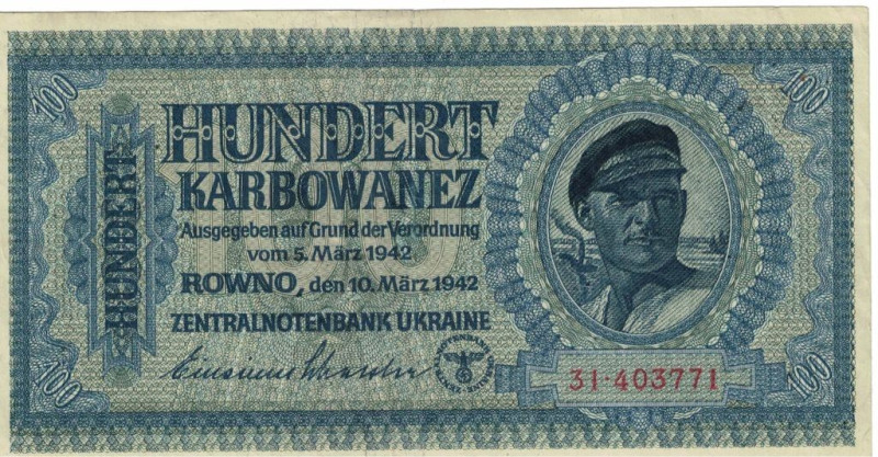 Banknoten, Deutschland / Germany. Deutsche Besatzung Ukraine.100 Karbowanez 1942...