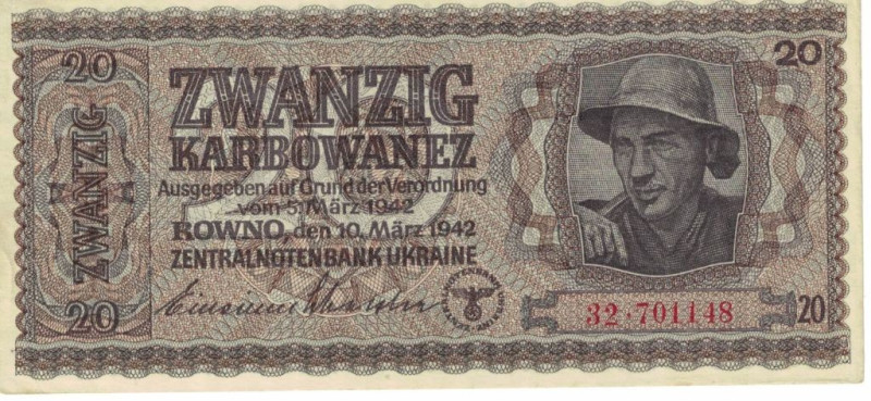 Banknoten, Deutschland / Germany. Deutsche Besatzung Ukraine. 20 Karbowanez 1942...