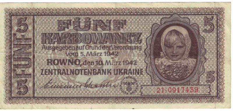 Banknoten, Deutschland / Germany. Deutsche Besatzung Ukraine. 5 Karbowanez 1942....