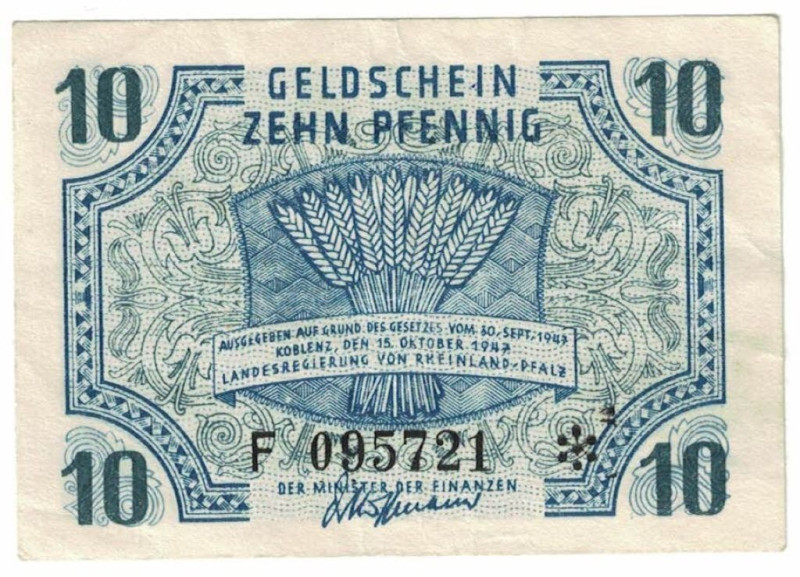 Banknoten, Deutschland / Germany. Alliierte Besatzung. 10 Pfennig 1947. Französi...