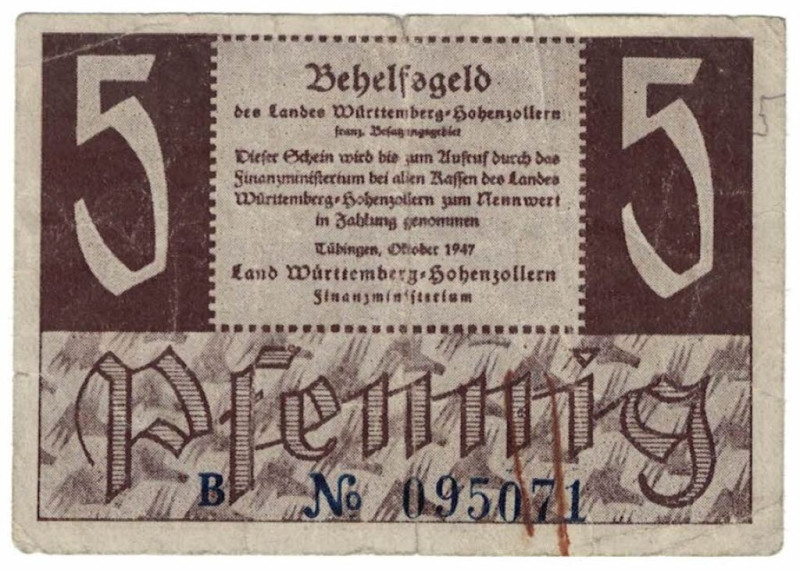 Banknoten, Deutschland / Germany. Alliierte Besatzung. 5 Pfennig 1947. Französis...