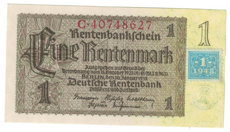 Banknoten, Deutschland / Germany. Sowjetische Besatzungszone. 1 Rentenmark Kupon...