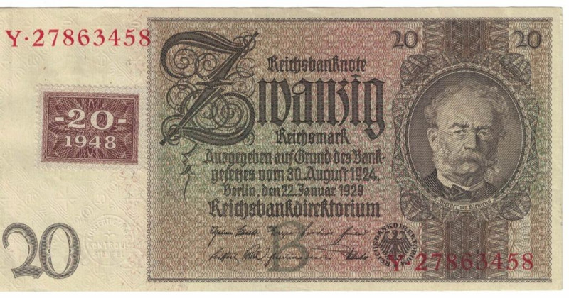 Banknoten, Deutschland / Germany. Sowjetische Besatzungszone. 20 Reichsmark Kupo...