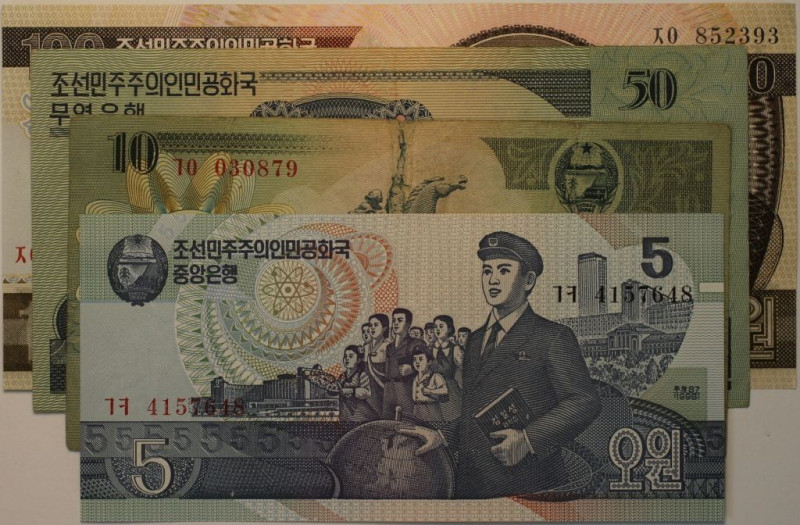 Banknoten, Korea Nord / North Korea. 5 Won 1998, P.40, 10 Won 1988, P.29, 50 Won...