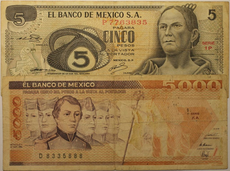 Banknoten, Mexiko / Mexico, Lots und Sammlungen. 5 Pesos, 5000 Pesos 1969-89. Pi...