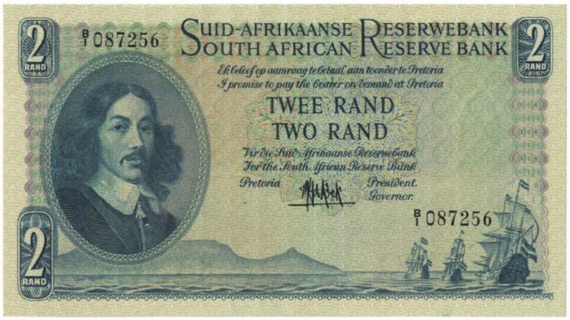 Banknoten, Südafrika / South Africa. 2 Rand ND (1961). Erste Zeilen mit Bankname...