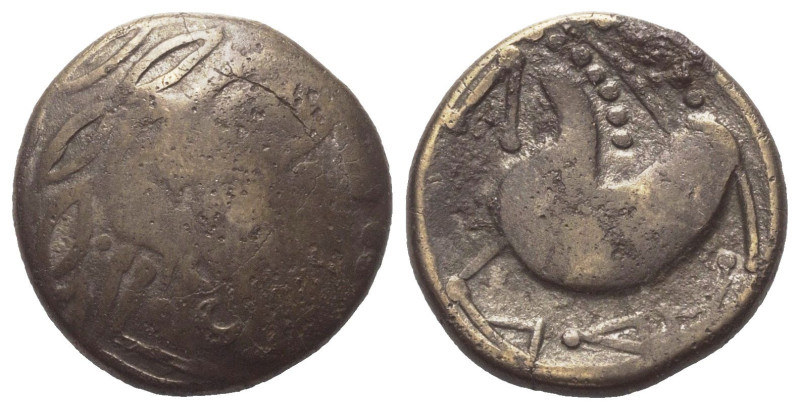 Ostkelten. Subkarpaten. Typ 'Schnabelpferd'.

 Tetradrachme (Billon).
Vs: Sti...
