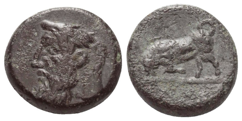Sizilien. Tauromenion.

 Bronze. Ca. 357 - 305 v. Chr.
Vs: Kopf eines Flußgot...