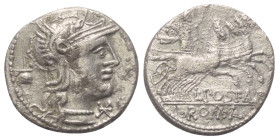 L. Postumius Albinus.

 Denar (Silber). 131 v. Chr. Rom.
Vs: Kopf der Roma mit geflügeltem Helm rechts, davor Wertzeichen, dahinter Apex.
Rs: L PO...