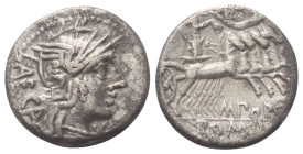 M. Porcius Laeca.

 Denar (Silber). 125 v. Chr. Rom.
Vs: LAECA. Kopf der Roma mit Flügelhelm rechts. Davor Wertzeichen X.
Rs: M PORC / ROMA. Liber...