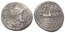 Q. Fabius Labeo.

 Denar (Silber). 124 v. Chr. Rom.
Vs: ROMA. Kopf der Roma mit geflügeltem Helm rechts, davor Wertzeichen und LABEO.
Rs: Q FABI. ...