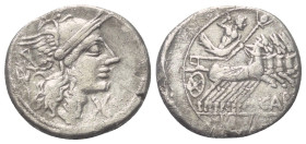 M. Papirius Carbo.

 Denar (Silber). 122 v. Chr. Rom.
Vs: Kopf der Roma mit geflügeltem Helm rechts, davor Wertzeichen, dahinter Lorbeerzweig.
Rs:...