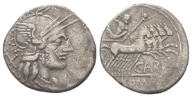 M. Papirius Carbo.

 Denar (Silber). 121 v. Chr. Rom.
Vs: Kopf der Roma mit geflügeltem Helm rechts, dahinter Wertzeichen.
Rs: CARB / ROMA. Jupite...