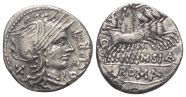 Q. Curtius und M. Iunius Silanus.

 Denar (Silber). 116 - 115 v. Chr. Rom.
Vs: Q CVRT. Kopf der Roma mit geflügeltem Helm rechts, dahinter Wertzeic...