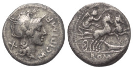 M. Cipius.

 Denar (Silber). 115 - 114 v. Chr. Rom.
Vs: M CIPI M F. Kopf der Roma mit geflügeltem Helm rechts, dahinter Wertzeichen.
Rs: ROMA. Vic...