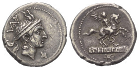 L. Philippus.

 Denar (Silber). 113 oder 112 v. Chr. Rom.
Vs: Kopf des Königs Philipps V. von Makedonien mit makedonischem Königshelm und Diadem re...