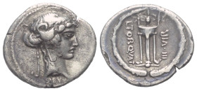 L. Manlius Torquatus.

 Denar (Silber). 65 v. Chr. Rom.
Vs: SIBYLLA. Kopf der Sibylle mit Efeukranz rechts.
Rs: L TORQVAT - III VIR. Dreifuß, darü...