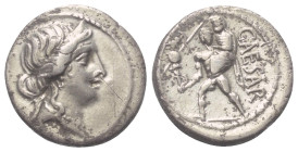 C. Iulius Caesar.

 Denar (Silber). 47 - 46 v. Chr. Münzstätte in Nordafrika.
Vs: Kopf der Venus mit Diadem rechts.
Rs: CAESAR. Aeneas mit Palladi...
