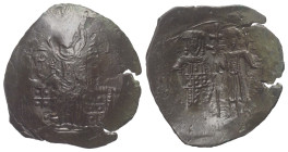 Theodorus I. Lascaris von Nicaea (1208 - 1222 n. Chr.).

 Aspron Trachy (Bronze).
Vs: Die nimbierte Gottesmutter mit Pallium und Maphorium trohnt f...