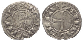 Antiochia - Fürstentum. Bohemund III. (1163 - 1201).

 Denar (Silber).
Vs: Helmbüste im Harnisch links.
Rs: Kreuz, im ersten Quadranten Halbmond....