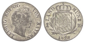 Bayern. Königreich (1806 - 1918). Ludwig I. (1825 - 1848).

 Kreuzer (Silber). 1828.
Vs: Kopf rechts.
Rs: Wappen.

13 mm. 0,81 g. 

Jaeger 20;...