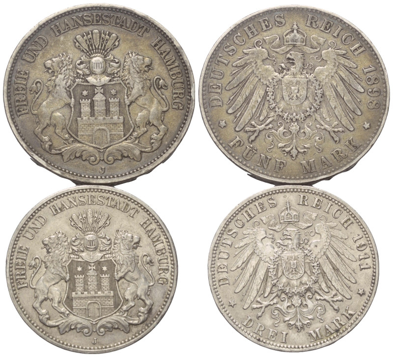 Kaiserreich. Hamburg.

 Lot.
Lot (2 Stück, Silber): 3 Mark 1911 und 5 Mark 18...