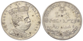 Italien. Königreich. Umberto I. (1878 -1900) - Kolonie Eritrea.

 2 Lire (Silber). 1890. Rom.
Vs: Bekrönte Büste rechts.
Rs: Wertbezeichnung, darü...