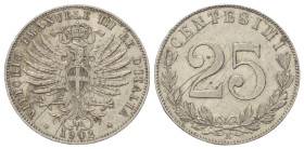 Italien. Königreich. Vittorio Emanuele III. (1900 - 1946).

 25 Centesimi (Silber). 1902 R.
Dritter Typ.

21 mm. 4,04 g. 

Pagani 827; Monteneg...