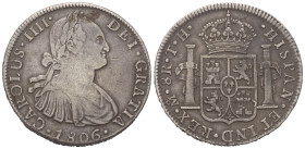 Spanien. Königreich. Karl IV. (1788 - 1808).

 8 Reales (Silber). 1806 FM. Mexiko.
Vs: Büste mit Lorbeerkranz rechts.
Rs: Bekröntes Wappen zwische...