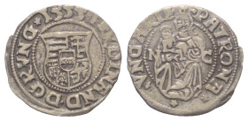 Ungarn. Königreich (bis 1945). Ferdinand I. (1526 - 1564).

 Denar (Silber). 1555. Nagybánya / Baia Mare (Rumänien).
Vs: * 1555 * FERDINAND. D. GR....